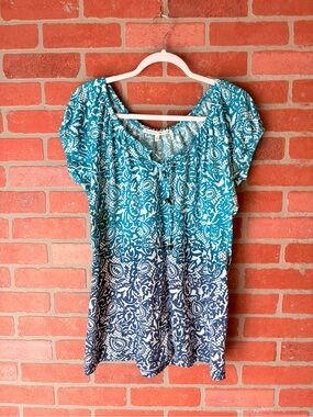 Almost Famous Plus Size 2X Paisley Ombre Scoop Neck Top Blue Green Navy Ombré